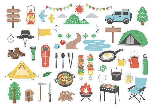 アウトドアとキャンプのアイコンイラストセット