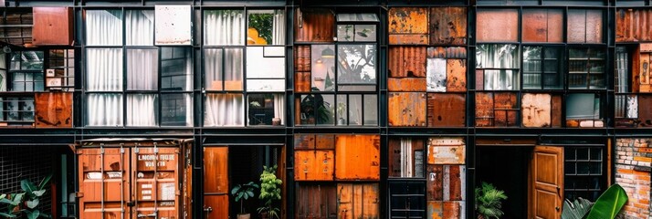 Obraz premium A grungy building with a variety of windows and doors made from recycled materials. AI.