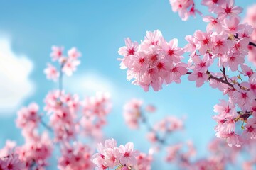 Pink cherry blossom flowers in full bloom against a blue sky. AI.