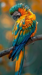 Obraz premium A colorful parrot perches on a branch. AI.