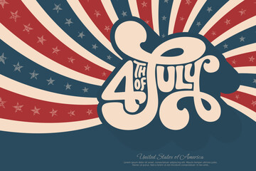 4th of July with groovy hippie typography design on red and blue retro twisted sunburst background, vector template for banner, flyer, greeting card, poster.