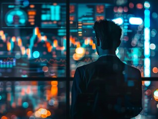 Fototapeta premium view front behind of a hacker looking at trading graph - ai