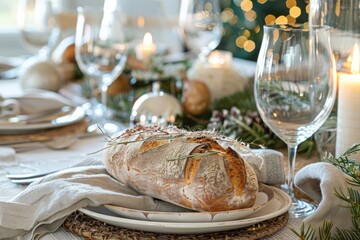 A festive table setting with freshly baked bread as the centerpiece