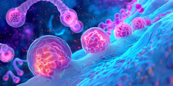 Illustration of a macrophage engulfing bacteria. AI.