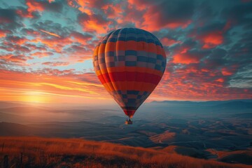 Obraz premium Hot air balloon ride over the mountains at sunset. AI.