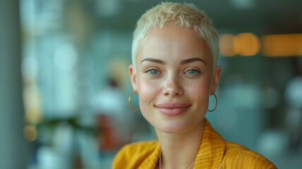 portrait of an African-American albino woman looking happy, with a candid, confident attitude in an office.