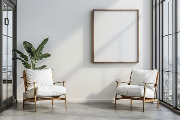 Mockup of blank wall with poster in office room created with Generative AI