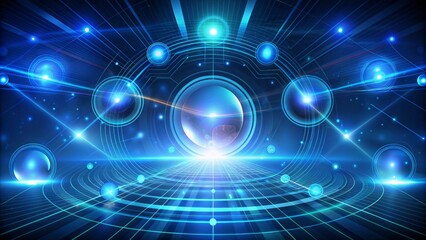 Abstract blue backdrop features futuristic virtual interface with glowing blue lines and orbs, awaiting interaction, showcasing innovative future technology concept.