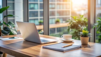 Modern office desk with laptop, papers, and coffee cup, surrounded by minimalist decor and plenty of natural light, conveying professionalism and productivity.
