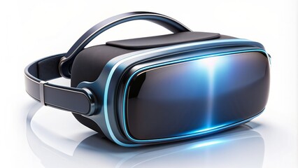 Modern futuristic virtual reality headset with sleek design and wires isolated on a clean white background with subtle shadows, showcasing advanced technology concept.