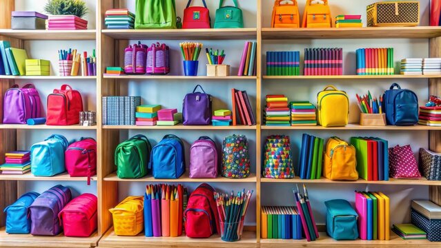 Colorful array of school supplies and backpacks on shelves, with pencils, pens, notebooks, and calculators, amidst a vibrant and organized store setting.