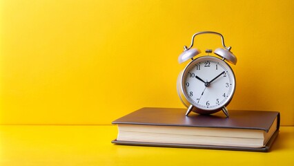 Alarm clock and single textbook lie on a bright yellow background, surrounded by empty space, evoking a sense of back-to-school anxiety and morning routine.