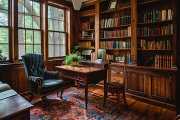 A cozy study room with a wooden desk, bookshelves, and a comfortable reading chair