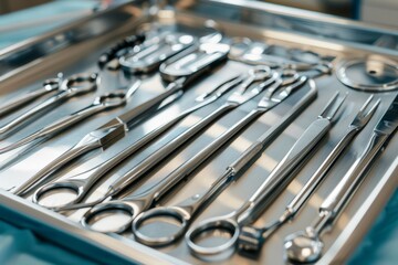 A close-up of surgical instruments neatly arranged on a sterile tray