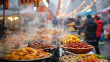 Misty view of a busy cultural event with a variety of traditional foods crafts and entertainment.