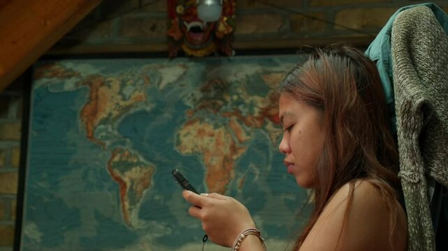 Asian woman scrolling phone in a room with world map background, side-view