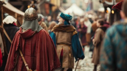 Fototapeta premium Defocused scene of a medieval marketplace with actors in authentic costumes.