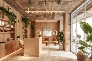 A beauty salon designed with eco-friendly materials and sustainable decor