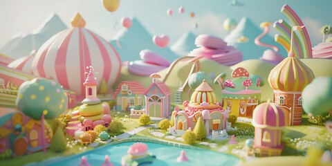 
Tiny cute isometric A beautiful rainbow village morning scene. Sunlight shines on the golden wheat field and dozens of small animals are busy. Describe the rainbow village morning scene, 2:1