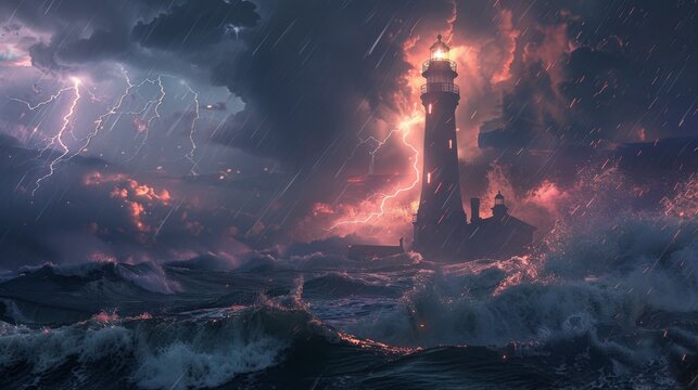 Dramatic Lighthouse with Crashing Waves and Lightning in the Background
