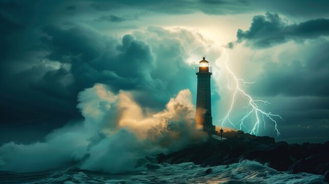 Dramatic Lighthouse with Crashing Waves and Lightning in the Background