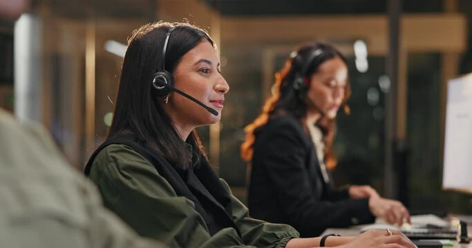 Night, office or business woman in call center consulting for contact us, crm or b2b, help or faq. Telemarketing, inbound marketing or insurance agent coworking in customer service or virtual guide