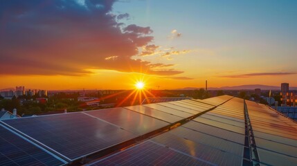 Fototapeta premium Solar Panels on Rooftop at Sunset Capturing Sustainable Energy Solutions