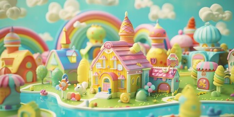 
Tiny cute isometric A beautiful rainbow village morning scene. Sunlight shines on the golden wheat field and dozens of small animals are busy. Describe the rainbow village morning scene, 2:1