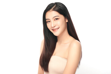 Fototapeta premium Beautiful young asian woman with clean fresh skin on white background, Face care, Facial treatment, Cosmetology, beauty and spa, Asian women portrait.
