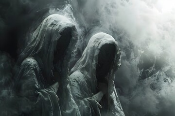Fototapeta premium Cloaked Ethereal Beings Veiled in Mystical Mist and Surreal Tranquility