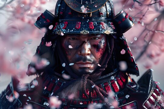 Crimson Samurai Warrior Stands Resolute Amid Drifting Cherry Blossoms and Indigo Skies