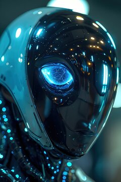 Enigmatic Futuristic Cyborg's Piercing Blue Eye Amidst Glowing Technological Display