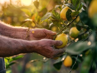 close up of farmer hand picking a fresh lemon from tree - ai