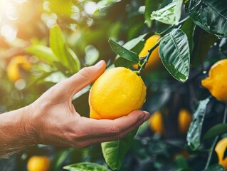 close up of farmer hand picking a fresh lemon from tree - ai