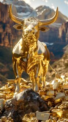 Majestic Golden Bull Sculpture Commanding a Gleaming Stage of Wealth and Prosperity