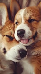 Mischievous Corgi Puppies Snuggling in Vintage-Inspired Style