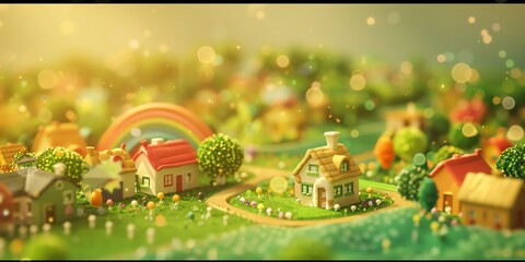 
Tiny cute isometric A beautiful rainbow village morning scene. Sunlight shines on the golden wheat field and dozens of small animals are busy. Describe the rainbow village morning scene, 2:1