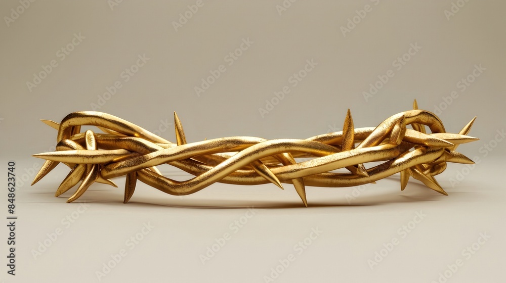 Sticker striking golden barbed wire adornment in minimalist studio setting with solid-colored backdrop