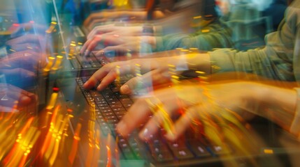 A blur of hands typing feverishly on keyboards as attendees compete in a coding competition at a tech convention.