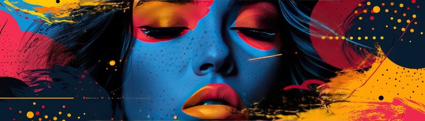 Obraz premium Abstract portrait of a woman with colorful makeup and vibrant background.