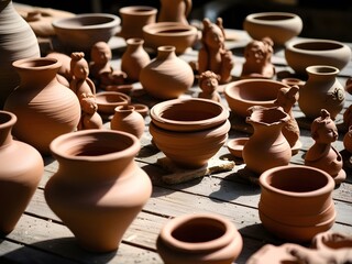 A collection of earthenware such as vases, bowls and pots hangs to dry on a rustic wooden table