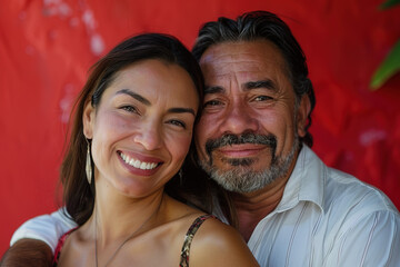 Happy Latino Hispanic Couple isolated on a red Background Smiling Embracing Love Joyful Cheerful Portrait Studio Photography Relationship Togetherness, old couple