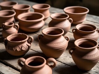 A collection of earthenware such as vases, bowls and pots hangs to dry on a rustic wooden table