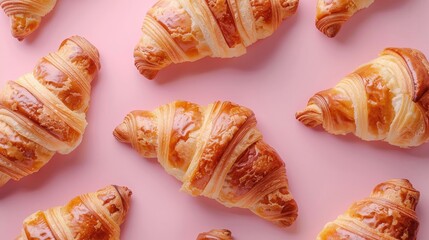 Golden Croissants on a Pink Canvas, A Delightful Breakfast Symphony