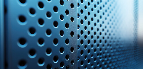 Close-up of a perforated metal surface with blue reflections, industrial texture image with a modern, technological feel