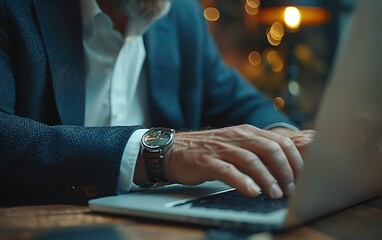 Close-up of a person typing on a laptop in an office Professional attire, productive workspace, and focus on technology