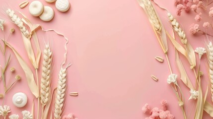 Border design with illustrations of dairy products and wheat sheaves for Shavuot, isolated on a pastel pink background