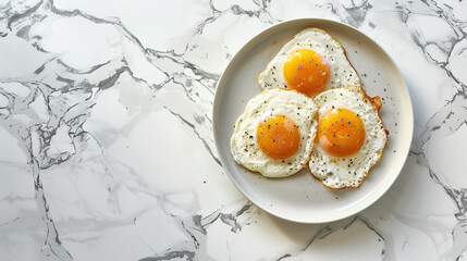 A portrait of a white plate sitting on a beautiful white marble table counter containing delicious fried eggs lit up by a bright sunny day