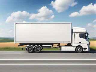  A white cargo truck design with a white blank empty trailer for an ad on a highway road in Europe design. 