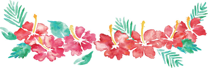 水彩画。水彩タッチのハイビスカスベクターフレーム。南国風ハイビスカスの背景。Watercolor painting. Hibiscus vector frame with watercolor touch. Tropical style hibiscus background. © necomammma